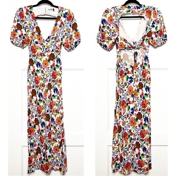 RIXO Floral Print Crepe Short Sleeve V-Neck Tied Cutout Open Back Midi Dress XS - Picture 12 of 16